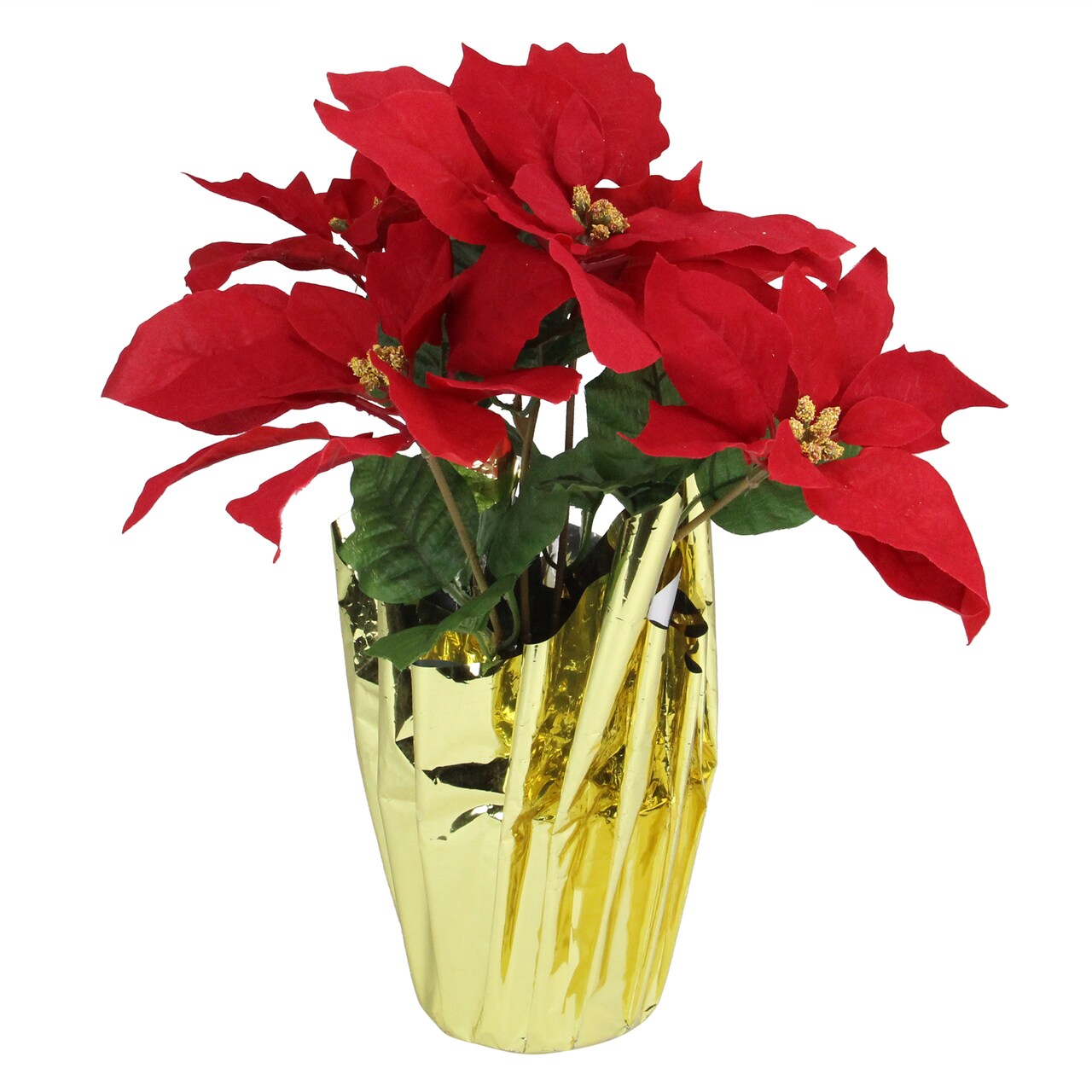 Northlight Artificial Christmas Poinsettia Arrangement in Wrapped Pot - 16" - Red and Gold